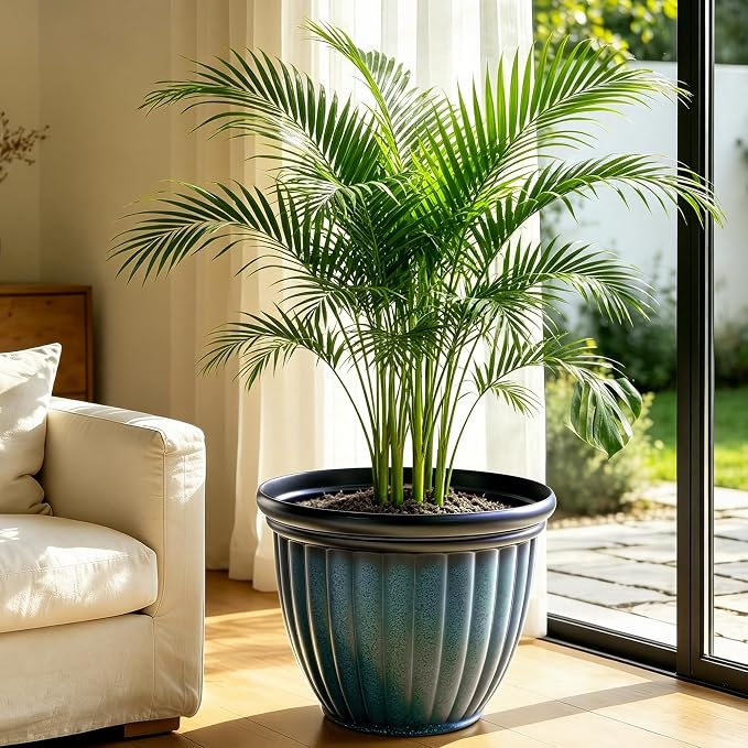 15" Large Flower Pots, Set of 2 Plastic Planters for Outdoor Indoor Plants with 3D Ribbed Textures, Drainage Holes, Weather-Resistant Planters for Porch Garden Patio, Gradient Teal Blue