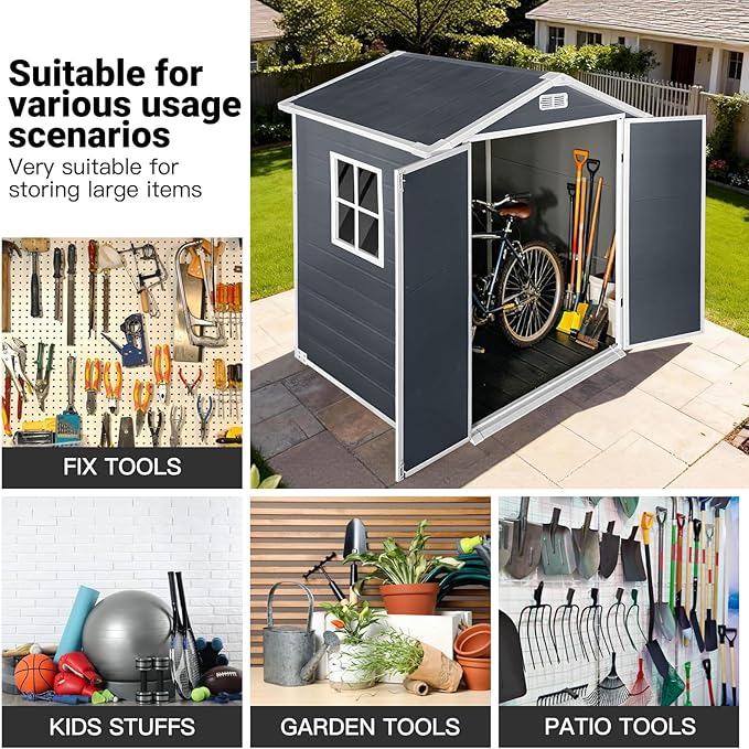 YOPTO 6x4 FT Storage Shed,Plastic Outdoor Storage Shed with Floor and Lockable Door,Waterproof Garden Shed W/Windows & Vents,Sloped Roof,Tool House for Storing Bicycles,Lawnmowers,Cold Grey