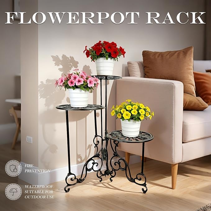 Cast Iron Plant Stand, 3-Tier Corner | Heavy-Duty, Vintage Metal with Ornate Design, 24-Inch Foldable Multi-Layer Rack, Indoor & Outdoor Use