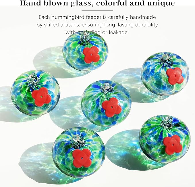 QFkris Set of 6 Blown Glass Hummingbird Feeder for Outdoors Hanging, Small Hummingbird Feeder with Flower Feeding Ports for Outside Garden Backyard Decor, Gardening Gifts for Women Mom(Green)