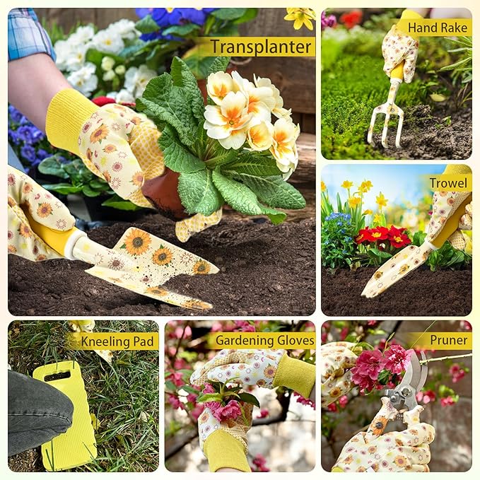 Lifecapido Gardening Gifts for Women, Gardening Hand Tools, 9 PCS Sunflower Garden Tool Set Kit with Garden Tool Bag, Birthday Christmas Mothers Day Garden Tools Gifts for Gardeners Women Mom (Yellow)