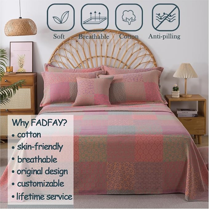 FADFAY Queen Sheets Set 100% Cotton Washed Double Gauze Muslin Bedding 4Pcs Boho Patchwork Checkered Floral Sheets Shabby Geometry Farmhouse Bedding Super Soft Deep Pocket Fitted Sheet, Queen Size