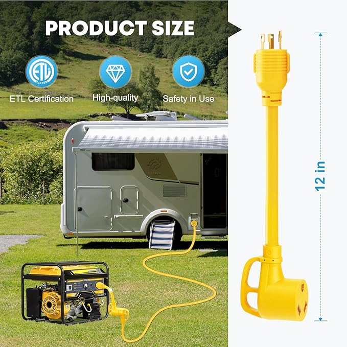 Kohree 3 Prong 30 Amp RV Generator Adapter, NEMA L5-30P to TT-30R Twist Lock Adapter, Heavy Duty STW 10 AWG, ETL Listed Extension Cord Suitable for House RV Camper Trailer (12 Inch)