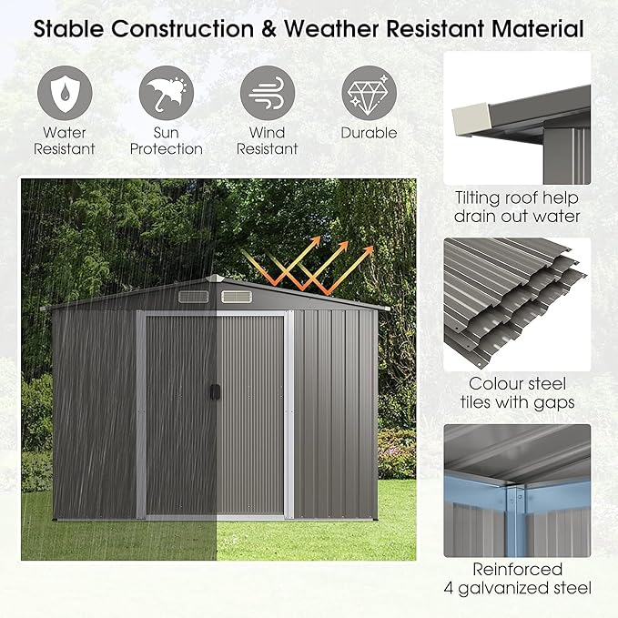 Goplus 8.5' x 6.8' x 6' Outdoor Storage Shed, Weather-Resistant Utility Storage House w/Foundation, 4 Air Vents, Double Doors & Ramp, Galvanized Steel Tool Shed for Garden, Lawn, Patio, Yard