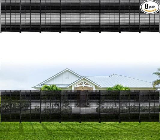 Outdoor Privacy Screen 72" H HDPE Decorative Panel Freestanding Privacy Fence with Stand, Privacy Screens with Louvered 6 Panels, Weather-Resistant Panel Fence for Patio, Balcony, Pool,Black