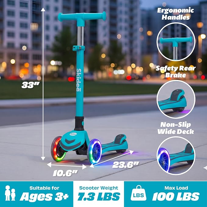 SKIDEE Kick Scooter for Kids Ages 3-5 | Foldable 3 Wheel Scooter with Lean-to-Steer, Adjustable Height, Removable Seat & LED Light Wheels | Toddler Scooter Up to 12 Year Old Boys/Girls
