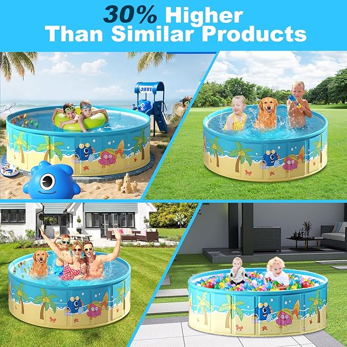 Foldable Swimming Pool for Kids 62.9"x17.7" Hard Plastic Portable Dog Pool Anti-Slip Collapsible Pets Bathtub Kiddie Pool Indoor Outdoor Backyard (JellieMons 63'')