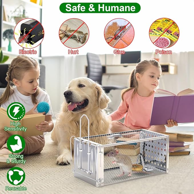 TeqHome Humane Rat Trap, Small 1-Door Live Chipmunk Trap That Work for Indoor and Outdoor, Easy to Catch and Release Live Animal Traps Mouse Traps Cage for Rodents Mice Voles Hamsters,Metal & Reusable