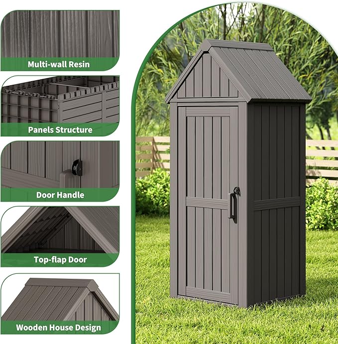 LHBGO Outdoor Storage Shed with Door & Shelf, Large Capacity Weatherproof Garden Tool Cabinet with Multiple Hooks for Backyard, Patio, Lawn（Gray