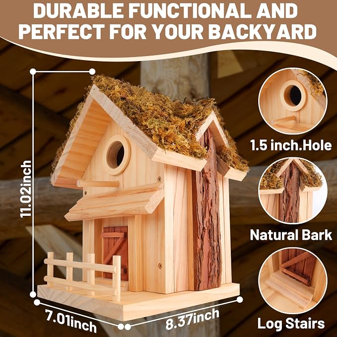 Bird Houses for Outside – Bird House Kits, DIY for Adults & Kids, 1.5" Entrance, Premium Pine, Moss Roof, Bark Siding, Side-Opening Door, Easy Clean,Family Craft for Garden,Backyard or Patio