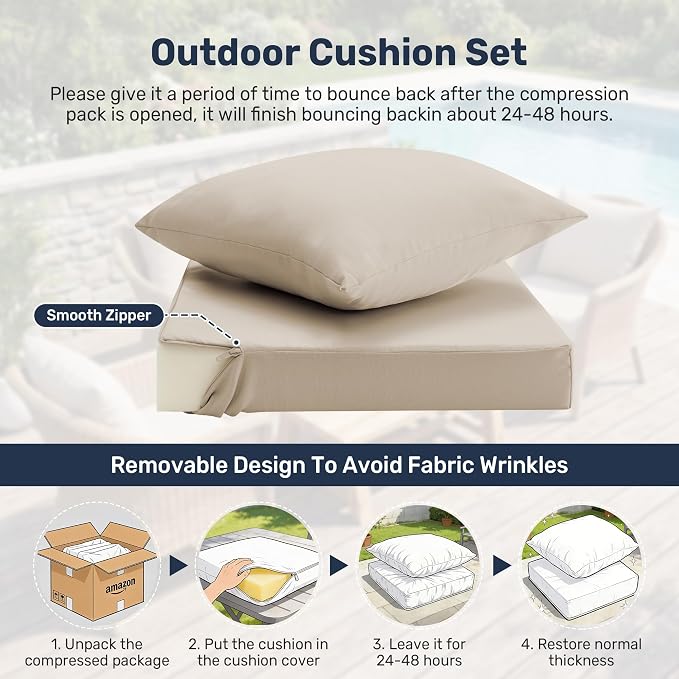 UNIKOME Outdoor Seat Cushions 24 X 24 Inch - Water-Resistant & Fade Resistant, Removable Cover Patio Furniture Cushions for Chair, Sofa, Couch, Wicker, Beige