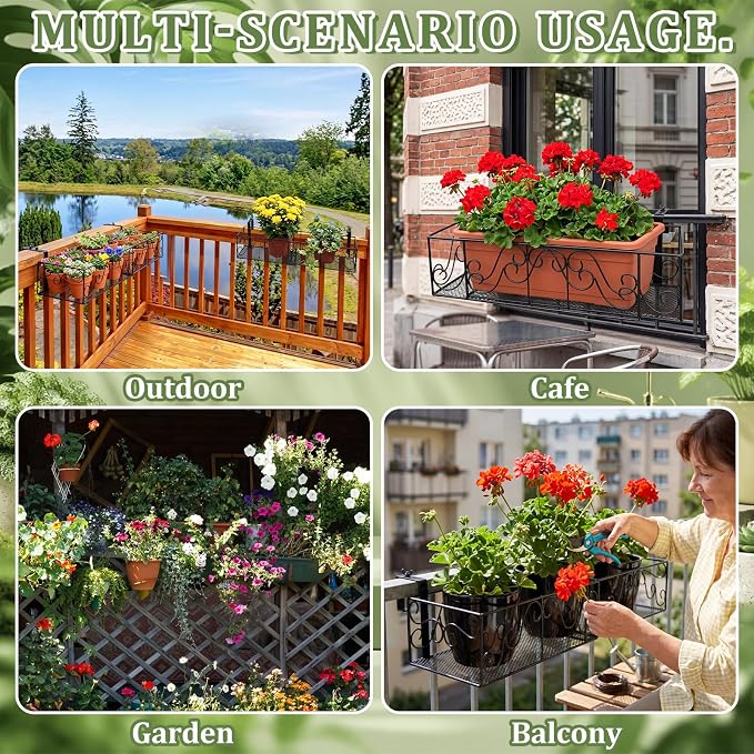 Youyole Railing Hanging Planter Holders, Adjustable Balcony Flower Pot Rack Stand, Expands 14"-27" Iron Hanger Hooks Fit Almost Any Balcony, Fence or Deck Railing up to 8" Wide(Black)