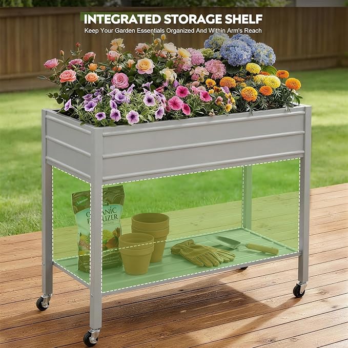 32" Tall Galvanized Raised Garden Bed with Legs Wheels & Shelf, Elevated Planter Box Outdoor for Vegetables, Herbs & Flowers, Patio & Backyard, Garden Bed with 400lb Capacity，Grey