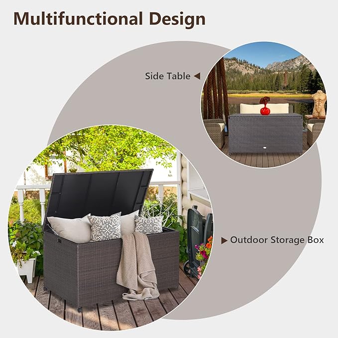 HAPPYGRILL 133 Gallon Outdoor PE Wicker Storage Box Rattan Deck Container with Waterproof Liner and 2 Universal Wheels, Garden Furniture Container Box for Cushions Garden Tools