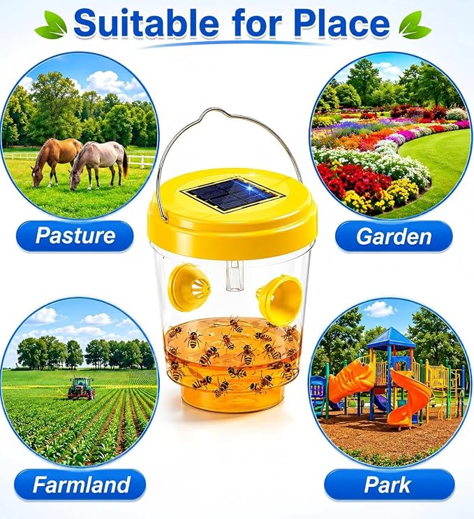Wasp Traps Outdoor Hanging, Solar Bee Trap for Outside, Reusable Solar Powered Hornet Traps, Bee Wasp Catcher Outside Garden 4 Packs