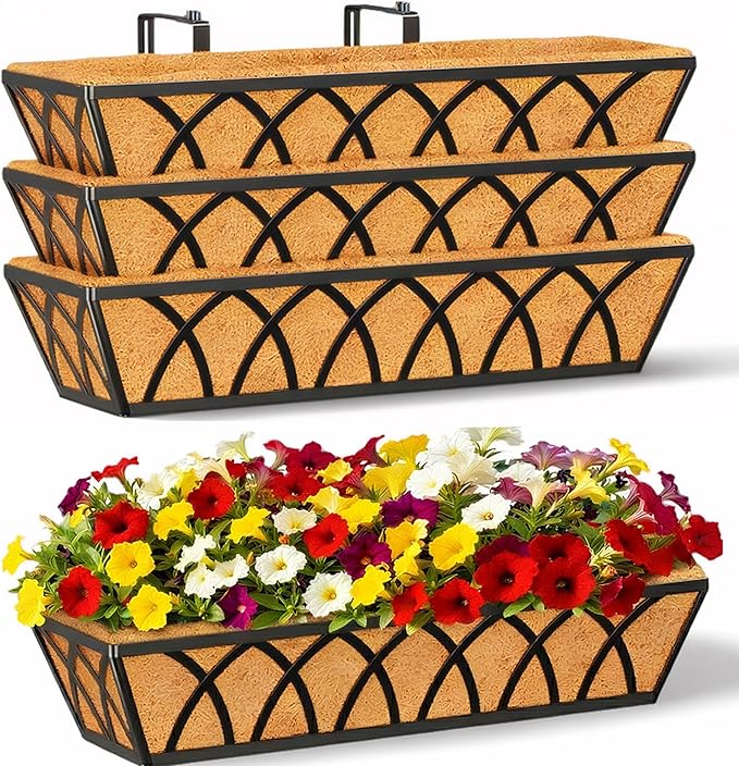 24in 4pcs Planter Box with Coco Liner, Rust-Resistant Metal Frame, Drainage Hole, Indoor/Outdoor Use, Black Finish