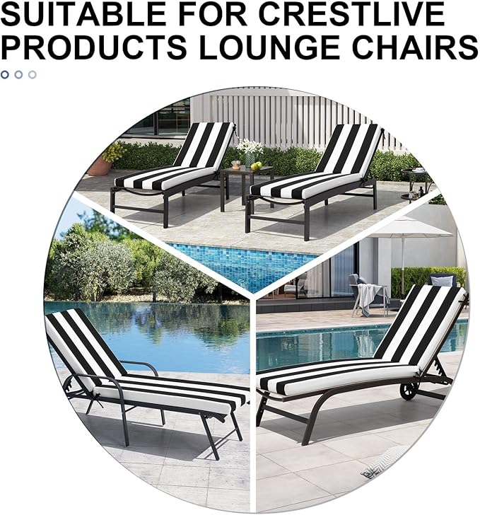 Crestlive Outdoor Chaise Lounge Cushions, 3 Years Fade Resistant Water Resistant Lounge Chair Cushion, 72''L x 21''W, Set of 2, Black Cabana Stripe