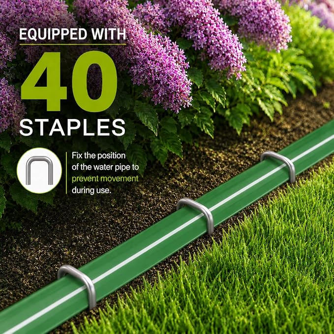 MIXC Reinforced Sprinkler Hose with Holes, 100FT (25FT×4 Pack) No-Kink Heavy Duty Flat Sprinkler Soaker Hose with Stakes & Splitters, Drip Irrigation Garden Hose for Lawn, Yard, Vegetable & Flower Bed