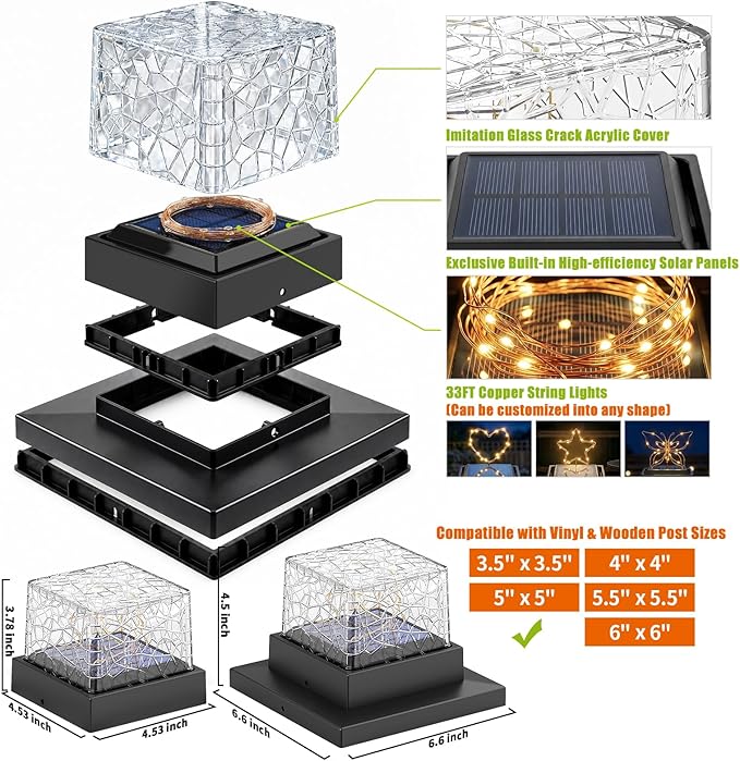 12Pack Crack Pattern Solar Post Cap Lights, DIY Firefly String Light Fence Post Solar Lights, 4x4 5x5 6x6 Vinyl/Wood Deck Post Cap Light, Built-in Solar Panel, Steady&Flickering Outdoor Patio Decor