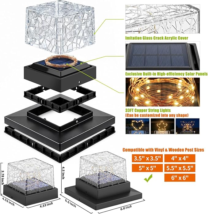 6Pack Crack Pattern Solar Post Cap Lights, DIY Firefly String Light Fence Post Solar Lights, 4x4 5x5 6x6 Vinyl/Wood Deck Post Cap Light, Built-in Solar Panel, Steady&Flickering Outdoor Patio Decor