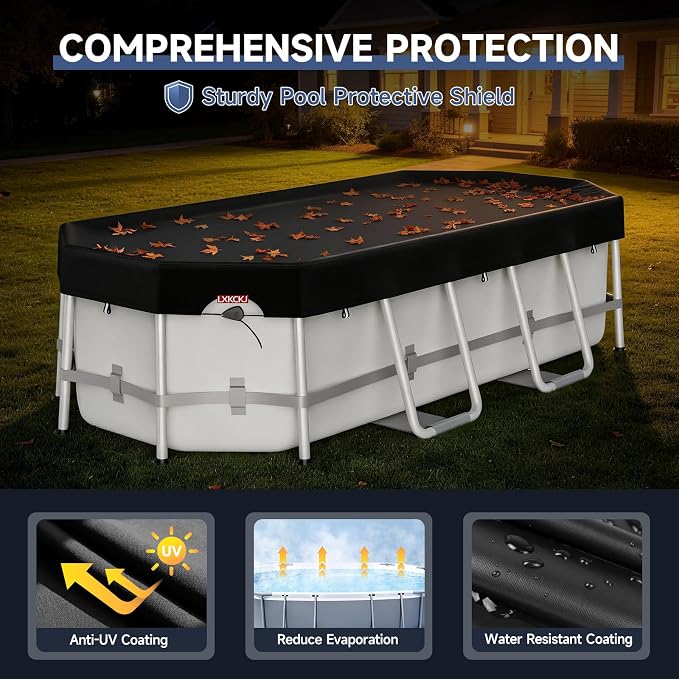 LXKCKJ 12x18 FT Pool Cover for Above Ground Pools, Rectangular 420D Oxford | 10000PA Waterproof, 100MPH Windproof, Tear-Resistant, UPF50+ UV Protection,Cuts Evaporation, for Oval /Rectangular Pool