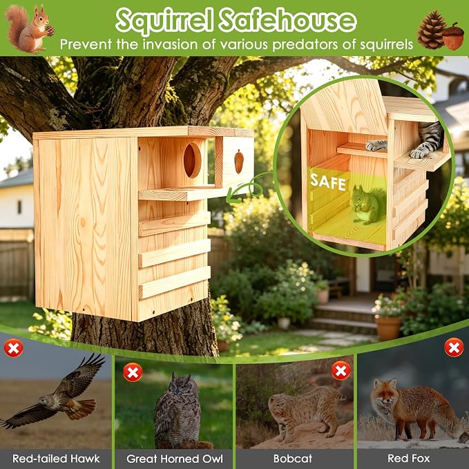 Large Squirrel House for Outside with Predator Guard, Squirrel Nesting Box with Exterior Porch, Easy Assemble Wooden Squirrel Boxes, Suitable for Gray Squirrels, Fox Squirrels, Red and Chipmunks