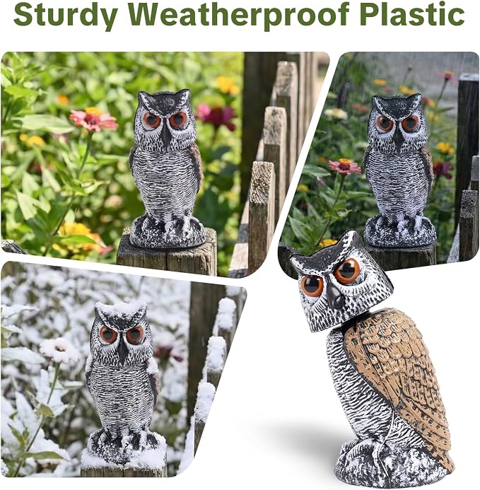 OFFO 3 Pack Fake Owl, Owl Statue for Garden and Yard Decoration, Weatherproof Plastic Rotating Head Outdoor Owl Decor for Porch Pool Patio Yard, 8-Inch Height, Round + Long + Short Ear Owl