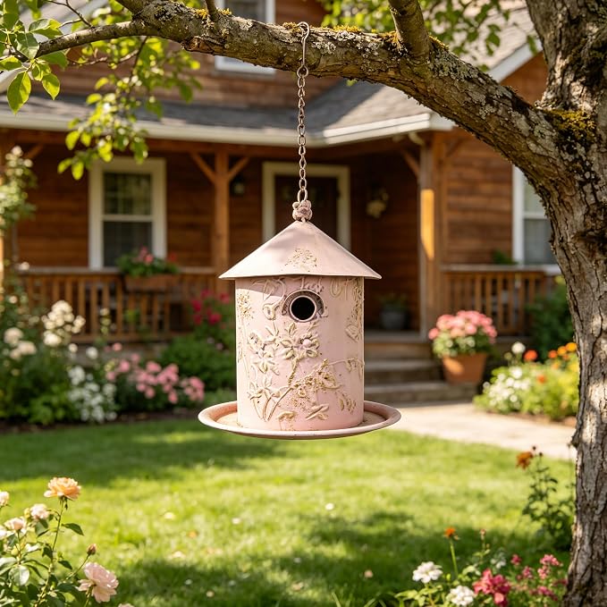 Vintage Pink Metal Bird House Feeder, Distressed Floral Embossed Hanging Birdhouse with Tray, Rustic Farmhouse Decorative Bird Nest Box for Outdoor Garden, Patio, Yard