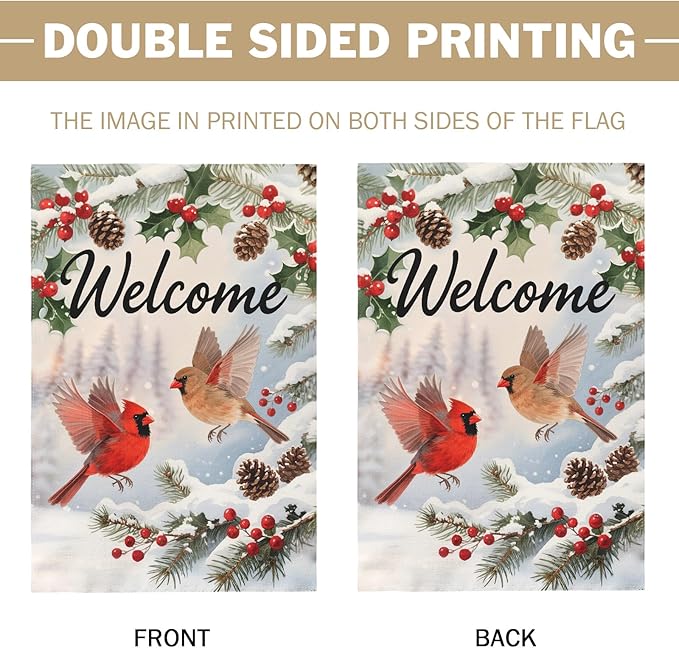 Welcome Winter Garden Flag 12x18 Inch Cardinal Bird Xmas Holiday Seasonal Theme Decorative Yard Flags for Outside Double Sided Outdoor Home Farmhouse Decoration Porch New Year Decor