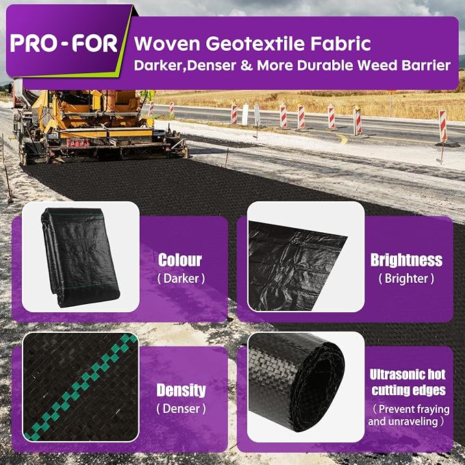 3FT x 50FT 3.2oz Heavy Duty Weed Barrier Landscape Fabric – Premium Woven Ground Cover for Gardening, Farming & Driveways, Breathable Weed Control Cloth with 10 U-Shaped Securing Pegs