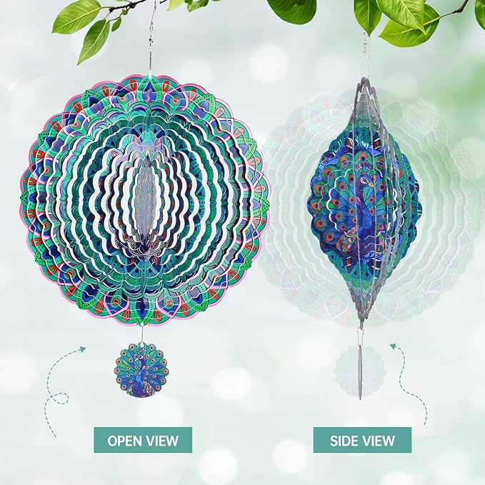 Peacock Wind Spinners Outdoor for Mother's Day, IDEA SHOW 12In Stainless Steel Wind Spinners, 3D Kinetic Hanging Sculpture, Rustproof Metal Garden Decor Ornaments for Yard Art, Women, Men, Holidays