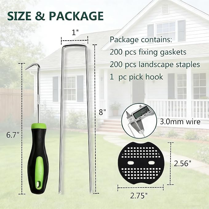 8 Inch 200 PCS Galvanized Landscape Staples with 200 PCS Gasket, Landscaping Fabric Stakes Weed Barrier Stakes Garden Spikes Ground Cover Staples
