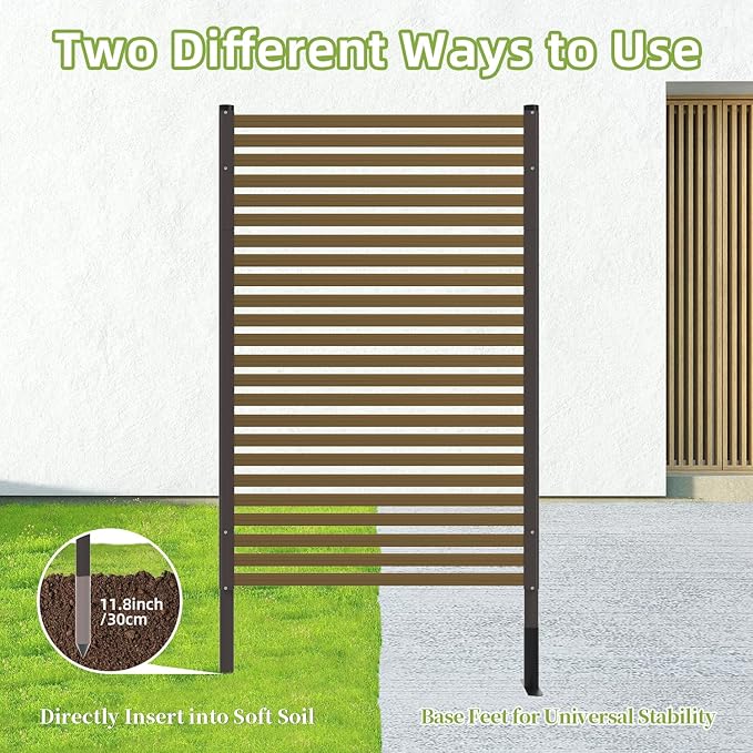Privacy Screen Freestanding Outdoor,3ft × 4ft Wood Grain Metal Decorative Privacy Fence Panels with Base Feet for Patio,Dark Brown