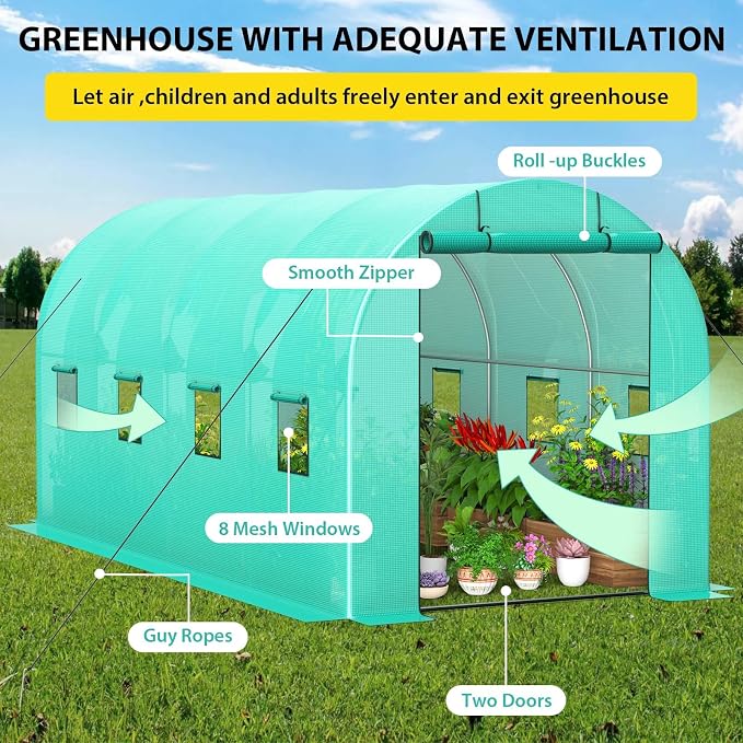 GarveeLife 8*13*7 ft Portable Walking in Tunnel Tent, Walk-in Greenhouse with Bottom widening Design, Galvanized Pipe, Full-Opening Roller Zippered Door & 6 Screen Windows, Greenhouses for Outdoors