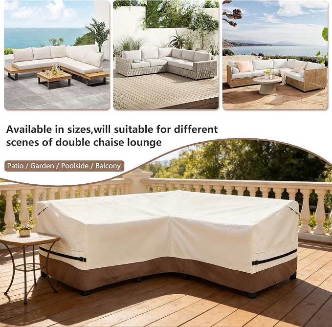 okcool Outdoor Sectional Cover,V-Shaped Patio Furniture Covers for 7-Seater Outdoor Sectional Furniture Couch（105''X105''）,Beige & Brown