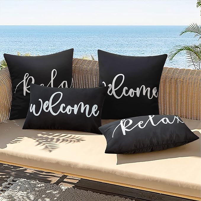 Merrycolor 2 Pack Black & White Outdoor Waterproof Modern Rectangular Throw Pillow Covers, 20" x 12", Welcome Letter Print, Living Room, Outdoor Activities