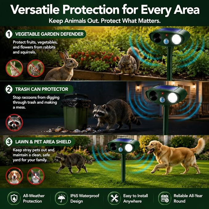 4 Pack Upgraded Sonic Deer Repellent Devices,Solar Ultrasonic Animal Repeller Outdoor for Racoons,Squirrels,Cats,Rabbits,Skunks & Foxes,Waterproof Motion Sensor Animal Deterrent for Garden Yard