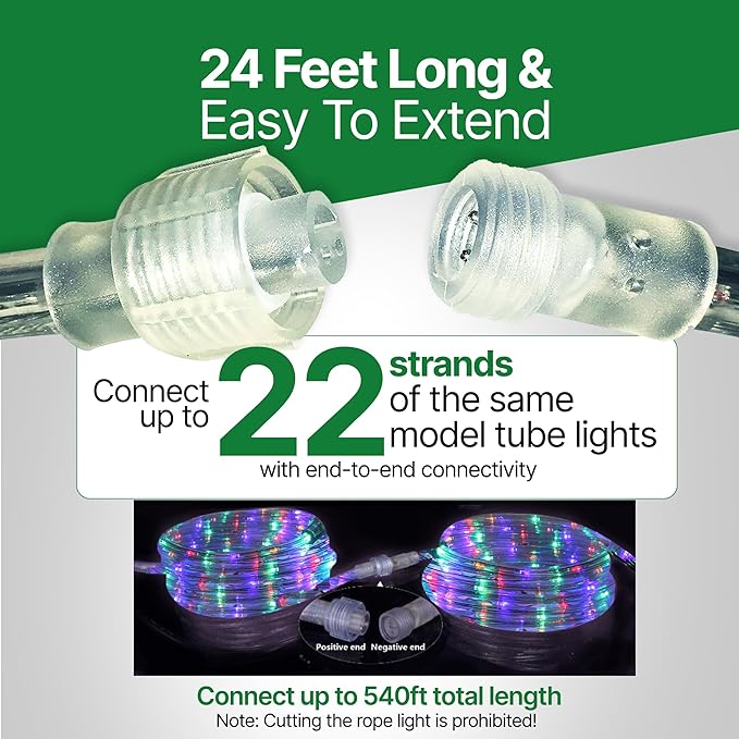 Tupkee LED Rope Light Multi-Color - for Indoor and Outdoor use, 24 Feet (7.3 m) - 10MM Diameter - 144 LED Long Life Bulbs Rope Tube Lights