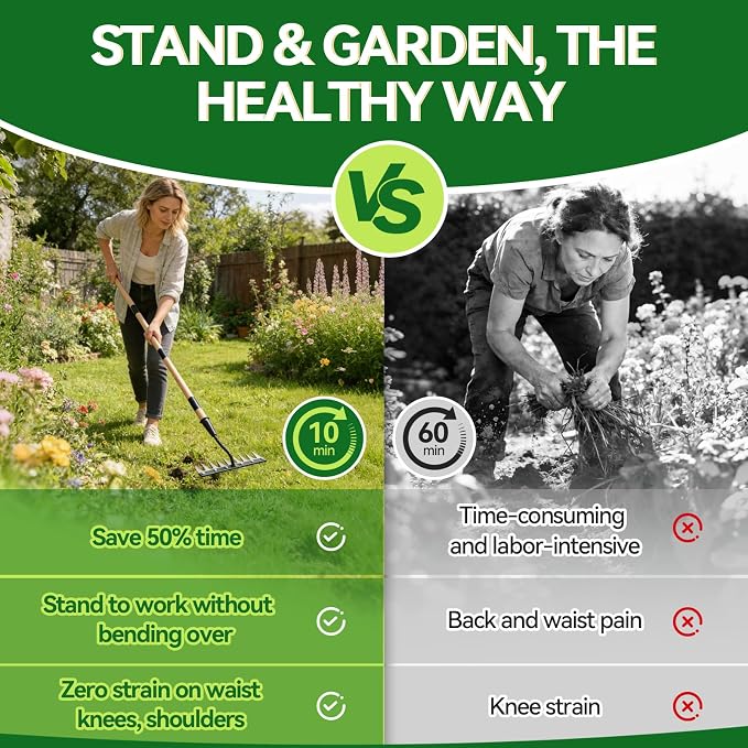 Gardenia Iron Weeding Rake with Handle 3.0, Heavy Duty Iron Rake for Gardening and Weeding, 2026 Upgraded 9-Tine Garden Weed Puller Tool, Garden Weed Rake Tool for Removing Weeds, Soil Aeration