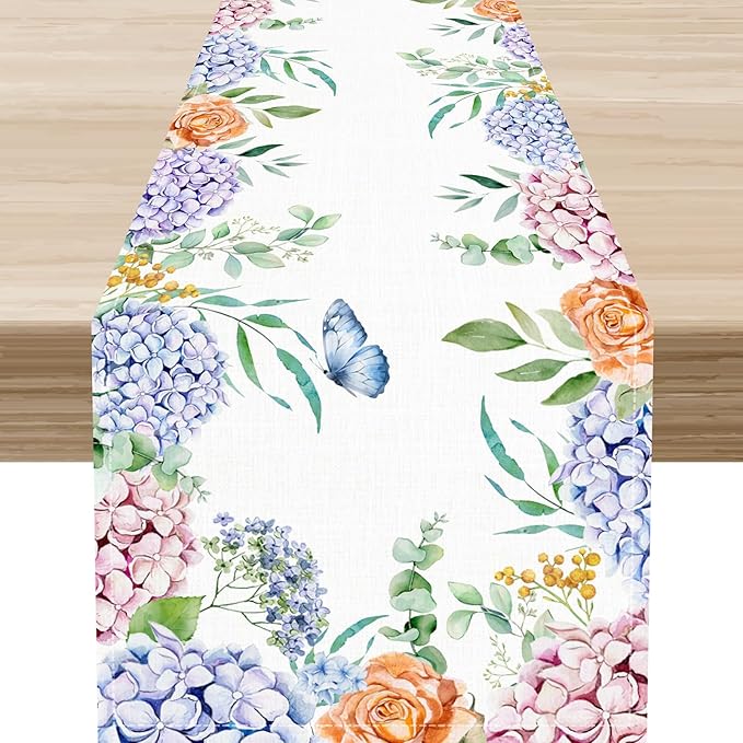 Blue Floral Table Runner, Spring Seasonal Watercolor Hydrangea Flower Summer Farmhouse Country Rustic Table Center Decor for Family Kitchen and Dining Party Table Decorations, 13"x90"