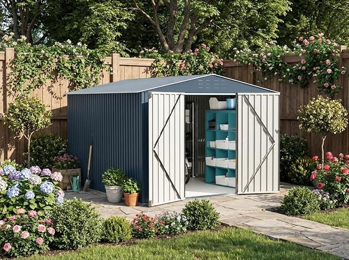 10x12 Ft Outdoor Metal Storage Shed, Galvanized Steel Garden Sheds with Lockable Doors, Extra Large Utility and Tool Storage for Patio Lawn Backyard Outside Use, Grey