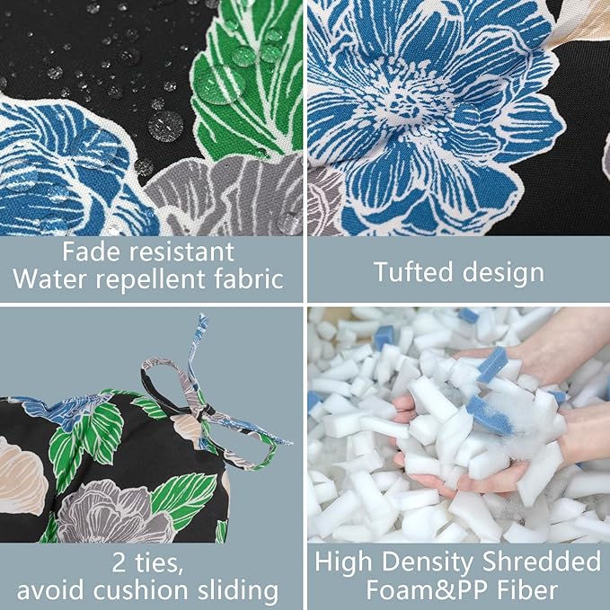 LVTXIII Outdoor U-Shaped Wicker Seat Cushion, Decorative Tufted Chair Pads Round Back Seat Cushion Set for Patio Garden Home Office Furniture, 19"x19"x4", 2 Pack, Peony Garden