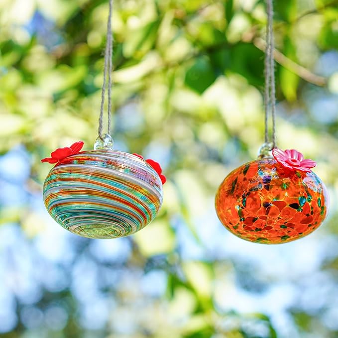 2pcs Blown Glass Hummingbird Feeders for Outdoors 3.2in Hanging Glass Humming Bird Feeders for Window Patio Decor with 2 Flower Feeding Ports