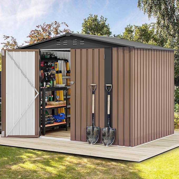 DWVO 7x5FT Outdoor Storage Shelter, Roomy Steel Tool Shed with Secure Entrances & Air Circulation for Patio, Lawn, and Backyard, Ideal for Storing Garden Gear, Lawn Tools, and Bikes, Brown
