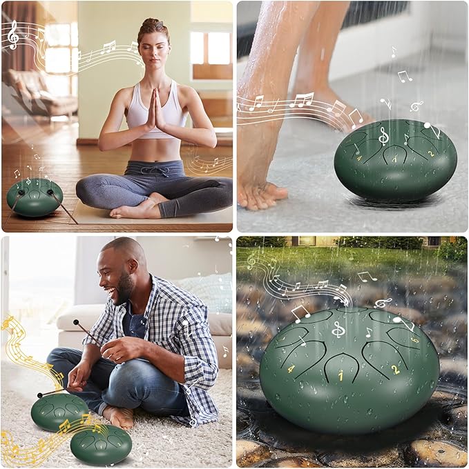 Rain Drum for Outside Garden, 6 Inches 8 Notes Steel Tongue Chakra Drums, Waterproof Meditation Rain Chime, Musical Instruments for Adult Gift with Bag, Music Book, Drum Mallets (Green)