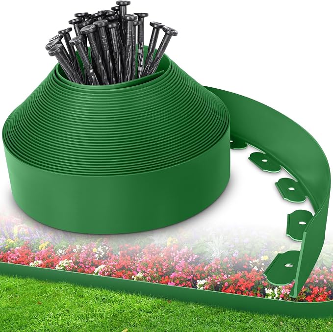 4-Inch x 33 FT Landscape Edging Border with 50 Spikes, Garden Edging Lawn Edging Border Kit, Plastic Edging Border Flexible for Garden Flower Beds Lawn Yard Pathway (Green)