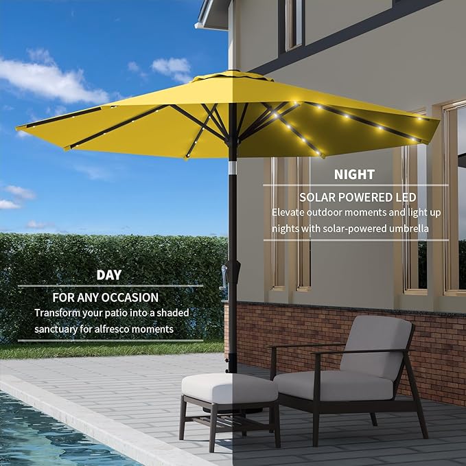 9FT Patio Umbrella with Solar Lights,Outdoor Market Umbrella with Tilt and Crank, LED Lighted Table Umbrella for Garden,Deck,Backyard,Pool,Beach
