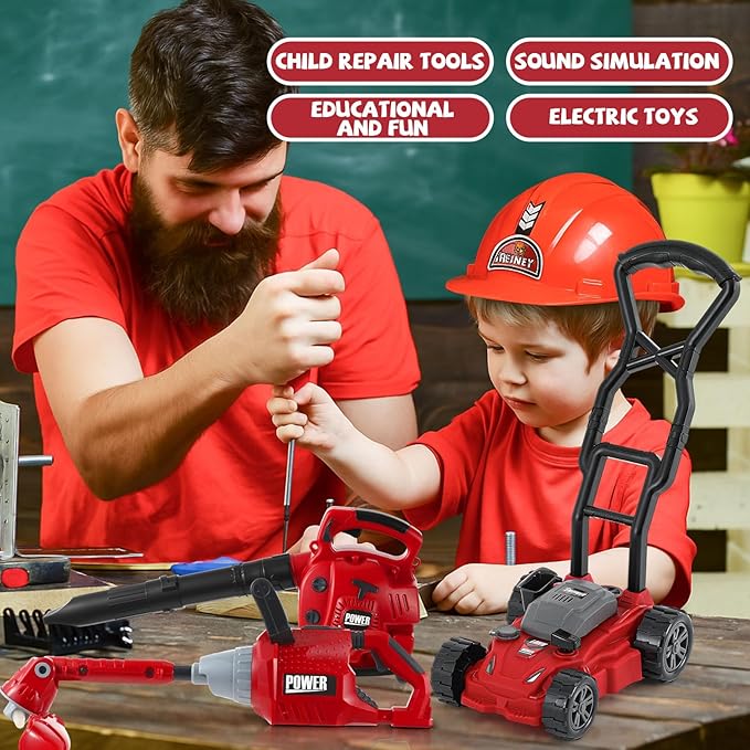 Arrowbash 4 Pcs Toy Gardening Tool Set for Kids Toy Leaf Blower Weed Trimmer Hedge Trimmer Push Lawn Mower Battery Play Set Christmas Birthday Party Gift for Boys Girls