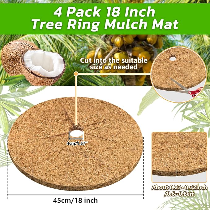 Legigo 4pcs Coconut Fiber Mulch Ring Tree Plant Protector Mat, 18 Inch Natural Coco Coir Tree Mulch Ring Plant Pot Soil Cover, Tree Rings Disc Plant Cover for Indoor Outdoor Plants, Landscaping