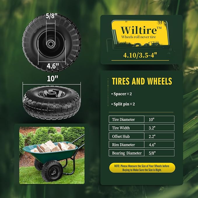 (2 Pack) 4.10/3.50-4 Flat Free Tire and Wheel 10-Inch Solid Wheel Replacement with 5/8 Bearings,2.2" Offset Hub -Compatible with Hand Truck,Wheelbarrow(Black)
